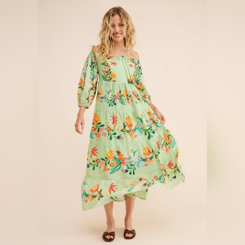 Farm Rio x Anthropologie Off-The-Shoulder Tiered Floral Midi Dress (XXS)
